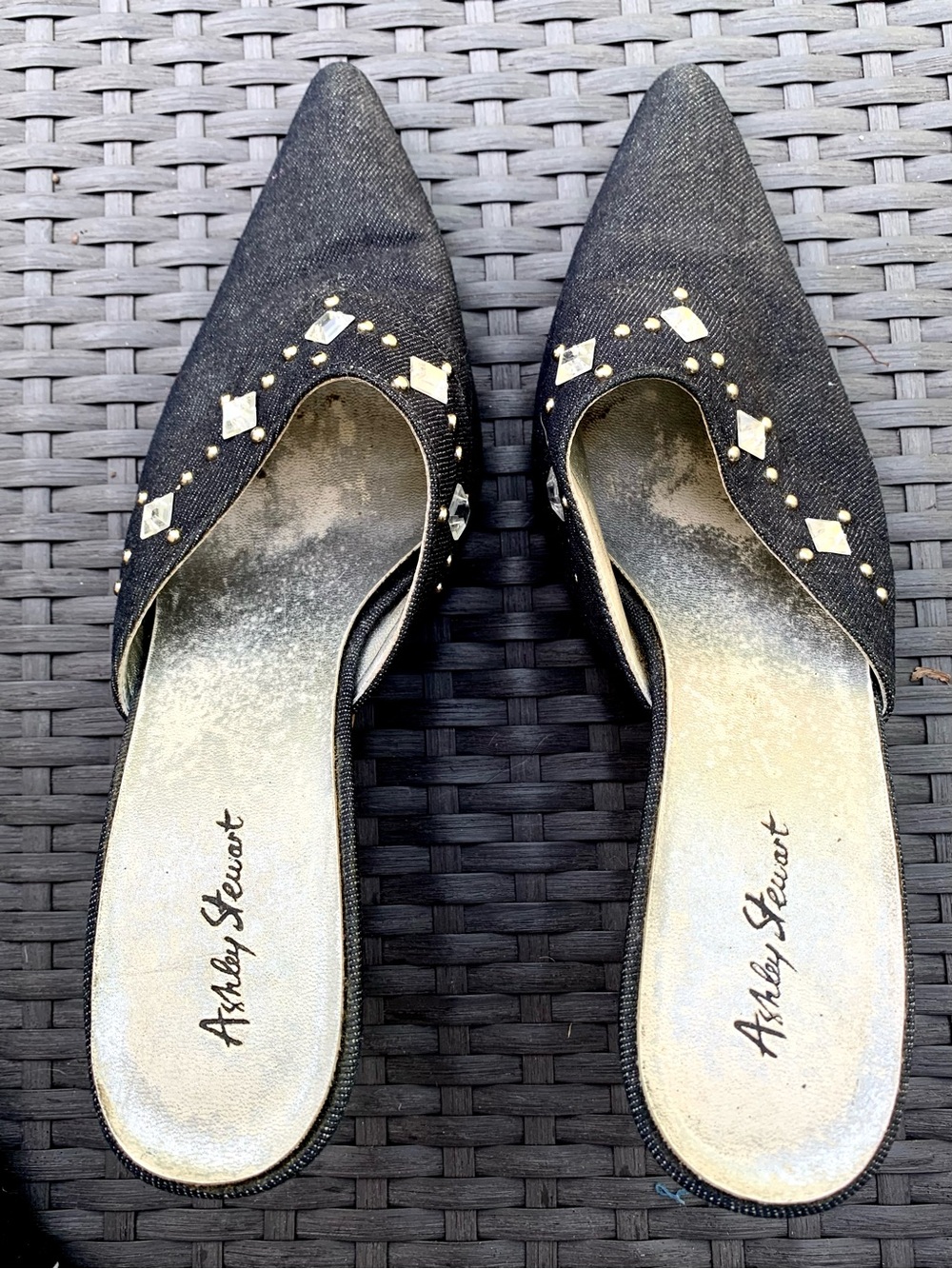 Ashley Stewart Black Pointed Slip-On Mules with Gold Studs